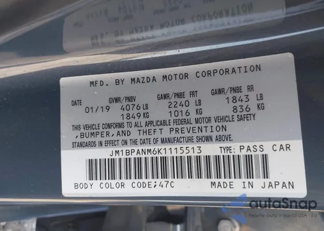 2019 Mazda Mazda3 Premium Package from USA, damaged, VIN JM1BPANM6K1115513